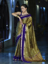 Banarasee Handloom Tissue Saree With Buti Design & Contrast Satin Border-Olive Green & Violet