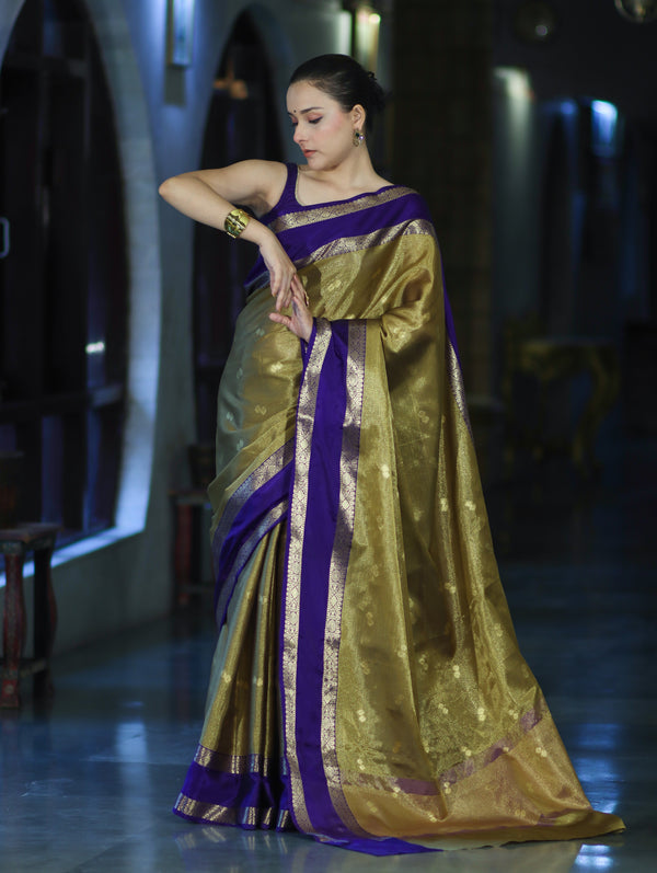 Banarasee Handloom Tissue Saree With Buti Design & Contrast Satin Border-Olive Green & Violet
