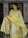 Banarasee Semi-Silk Silver Zari Work Salwar Kameez Fabric With Dupatta Set-Light Yellow