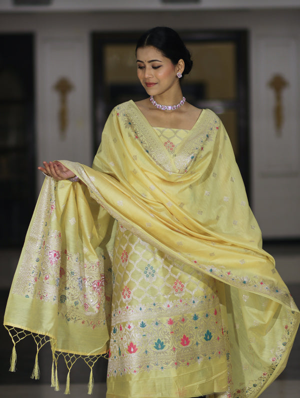 Banarasee Semi-Silk Silver Zari Work Salwar Kameez Fabric With Dupatta Set-Light Yellow