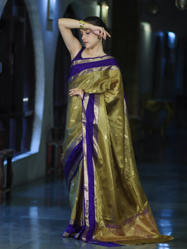 Banarasee Handloom Tissue Saree With Buti Design & Contrast Satin Border-Olive Green & Violet
