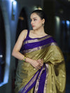 Banarasee Handloom Tissue Saree With Buti Design & Contrast Satin Border-Olive Green & Violet