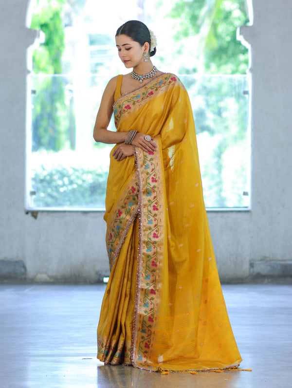 Banarasee Handloom Dual Tone Shimmer Silk Saree With Buti Design & Lace Border-Yellow