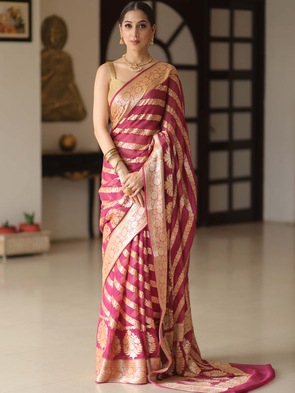 Banarasee Pure Chiffon Silk Saree With Antique Zari Work & Contrast Blouse-Deep Pink