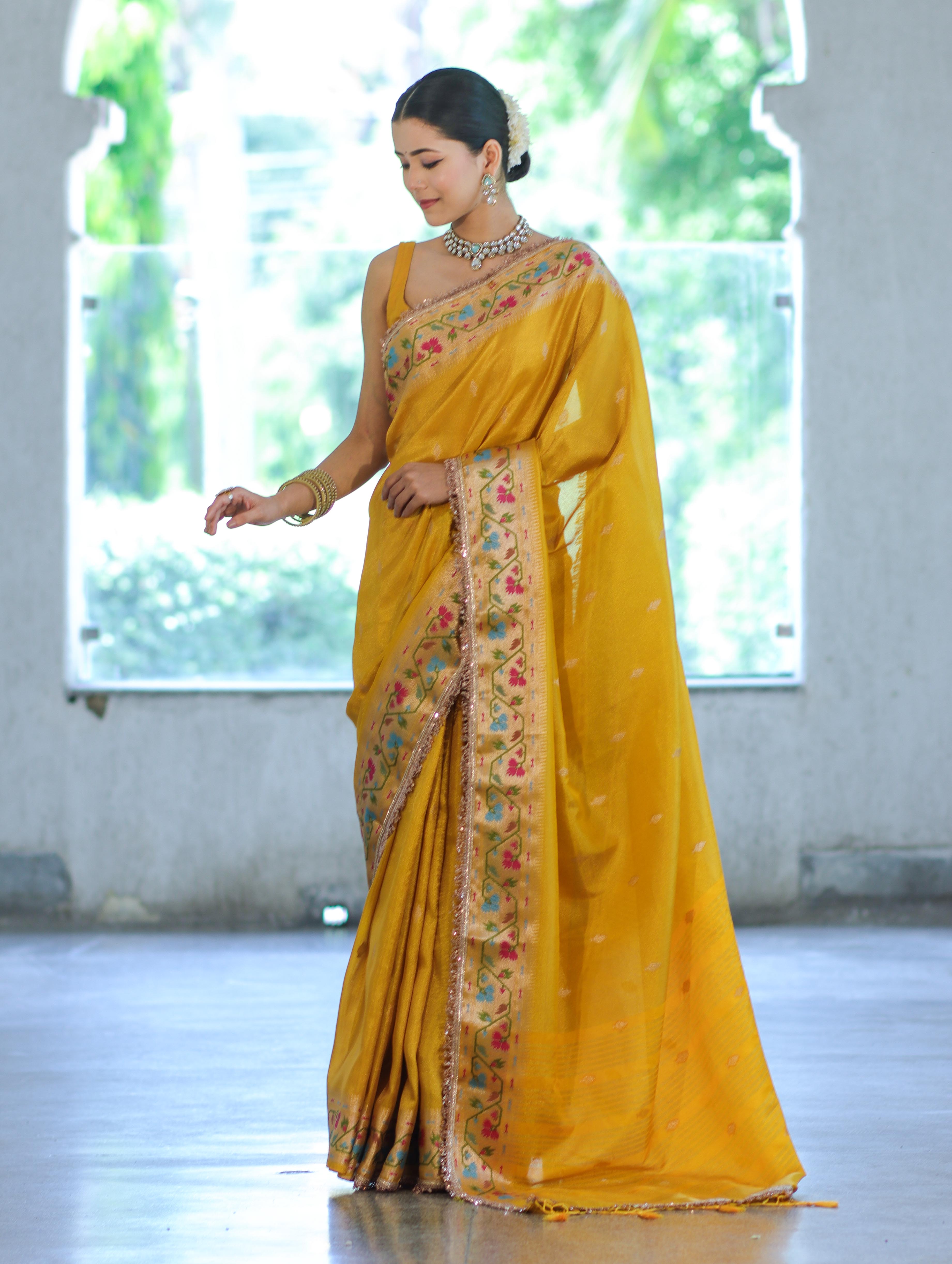 Banarasee Handloom Dual Tone Shimmer Silk Saree With Buti Design & Lace Border-Yellow