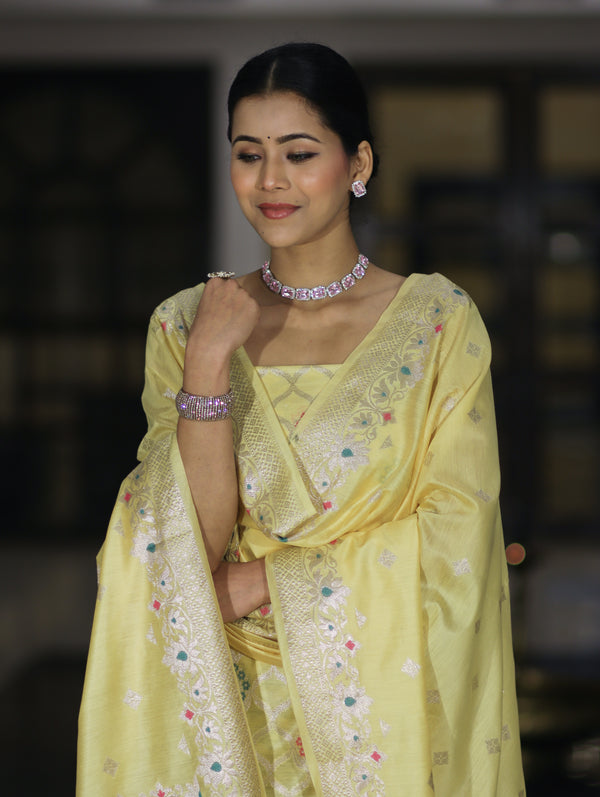 Banarasee Semi-Silk Silver Zari Work Salwar Kameez Fabric With Dupatta Set-Light Yellow