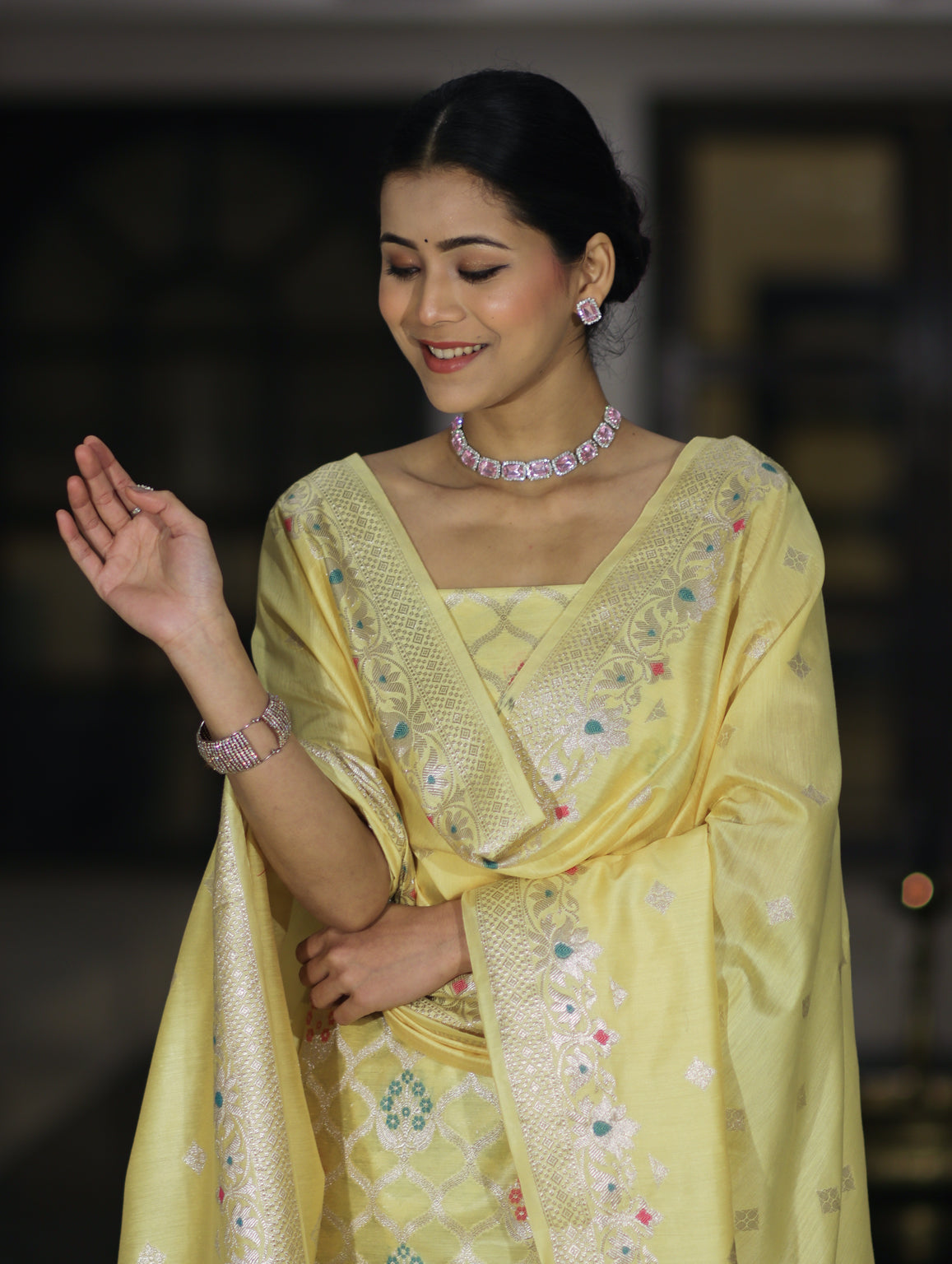 Banarasee Semi-Silk Silver Zari Work Salwar Kameez Fabric With Dupatta Set-Light Yellow