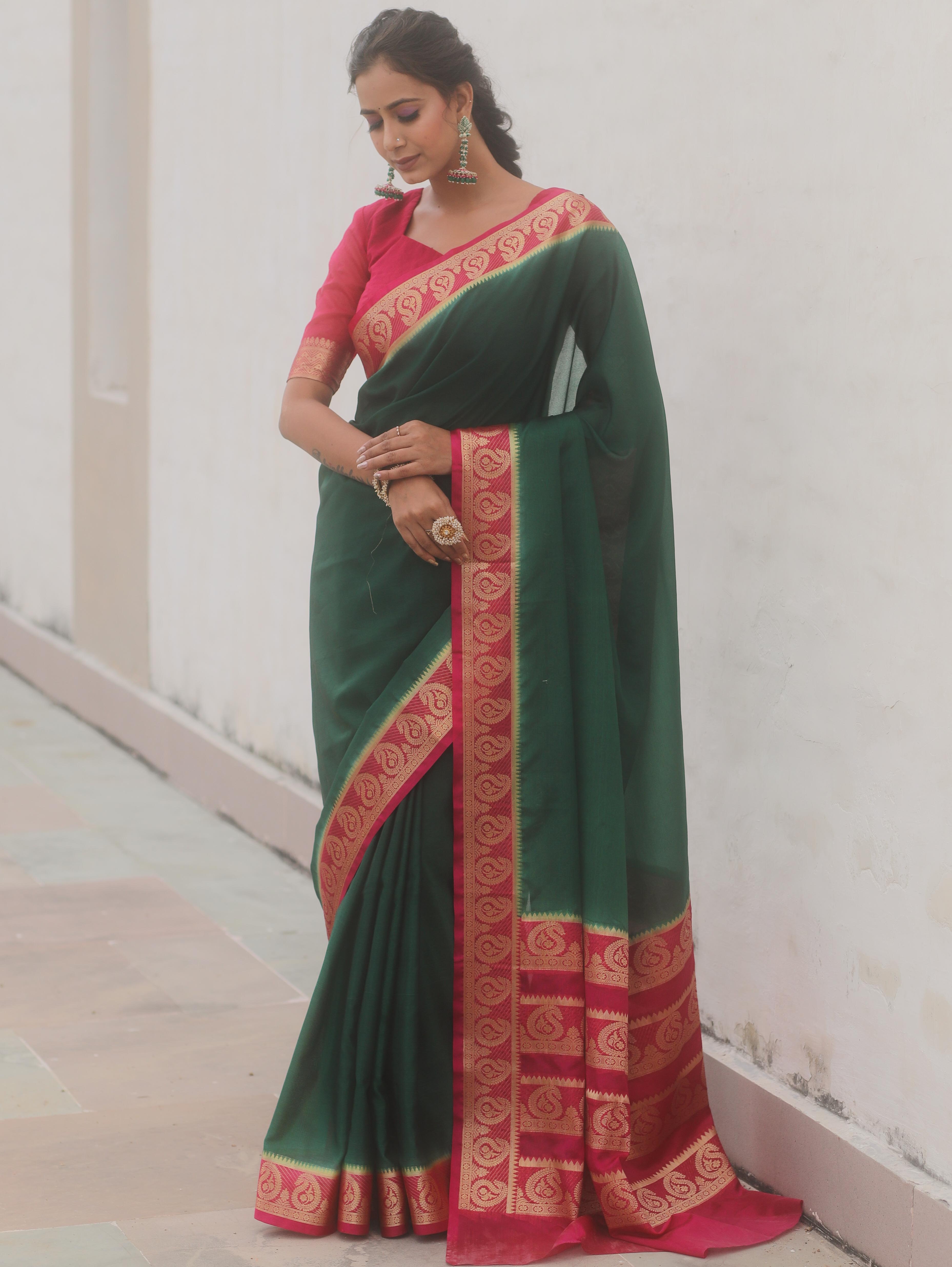 Banarasee Handwoven Semi Silk Plain Saree With Zari Border-Green & Pink
