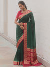 Banarasee Handwoven Semi Silk Plain Saree With Zari Border-Green & Pink