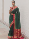 Banarasee Handwoven Semi Silk Plain Saree With Zari Border-Green & Pink