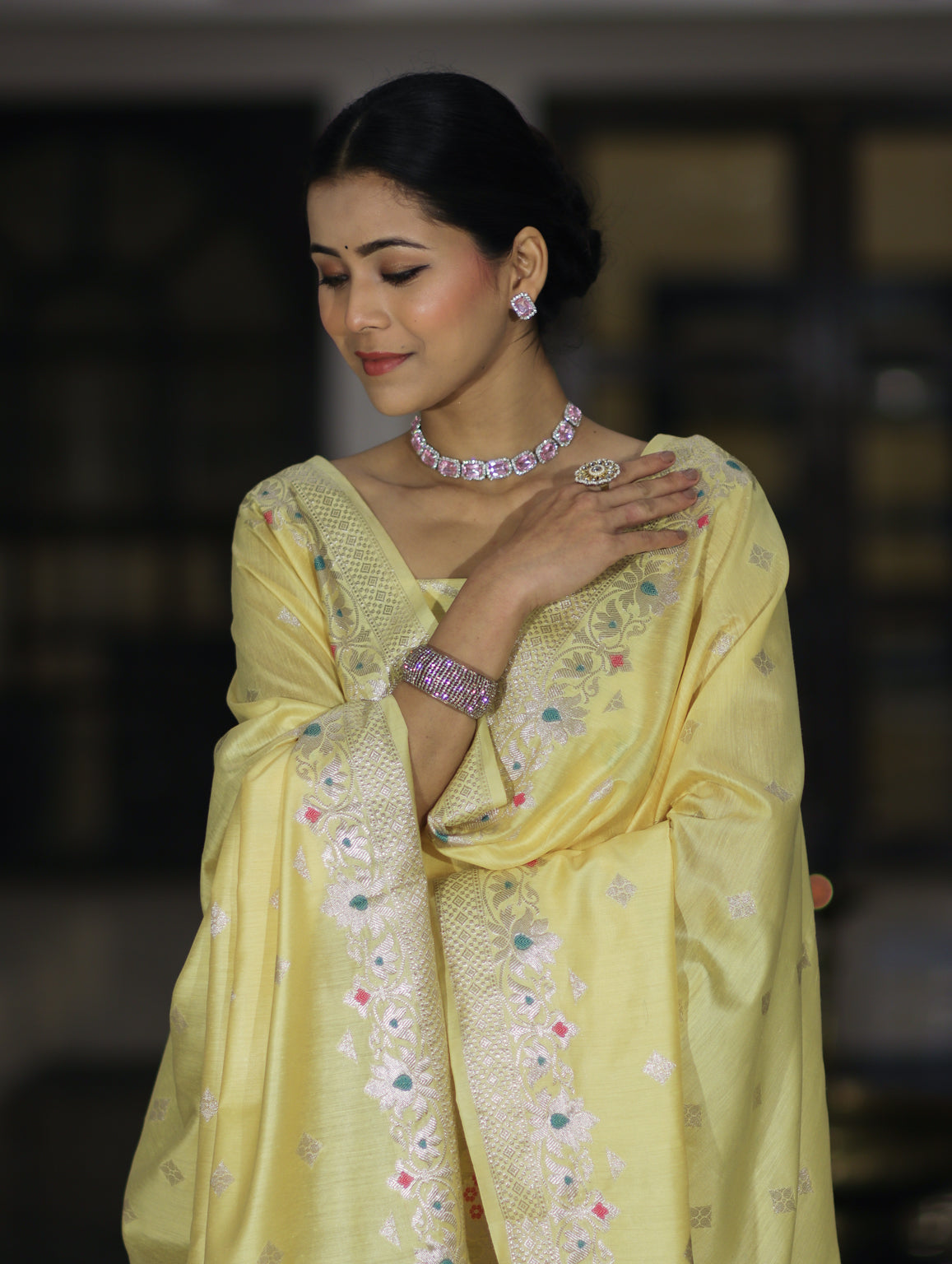 Banarasee Semi-Silk Silver Zari Work Salwar Kameez Fabric With Dupatta Set-Light Yellow