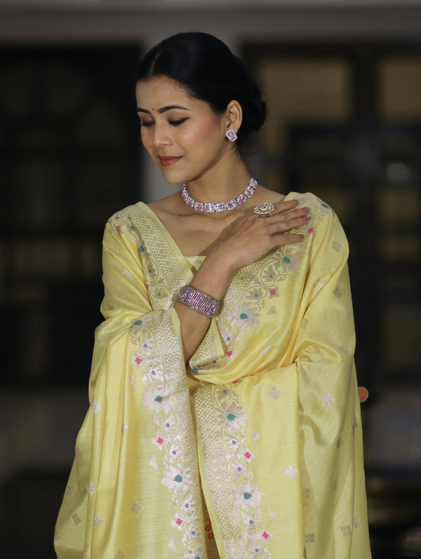 Banarasee Semi-Silk Silver Zari Work Salwar Kameez Fabric With Dupatta Set-Light Yellow