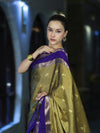 Banarasee Handloom Tissue Saree With Buti Design & Contrast Satin Border-Olive Green & Violet