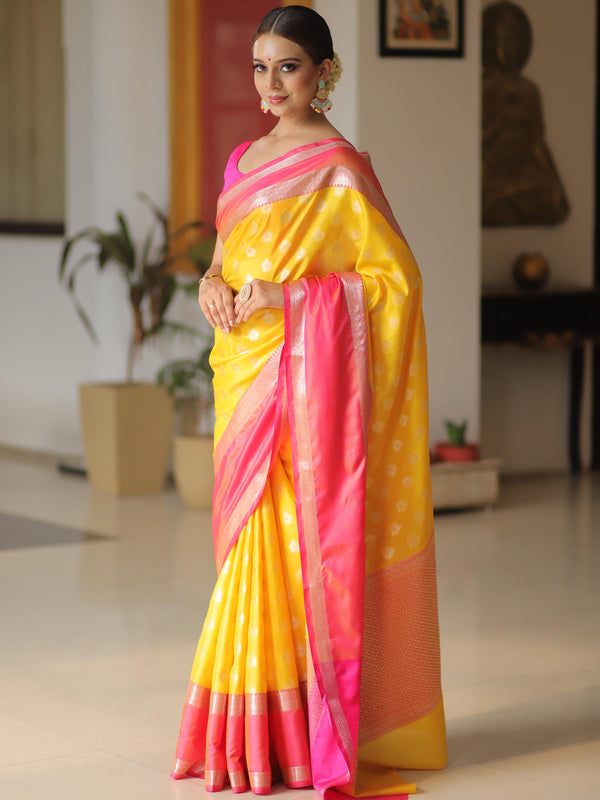 Banarasee Handwoven Semi Silk Saree With Buta Design & Contrast Border-Yellow & Pink