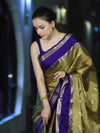 Banarasee Handloom Tissue Saree With Buti Design & Contrast Satin Border-Olive Green & Violet