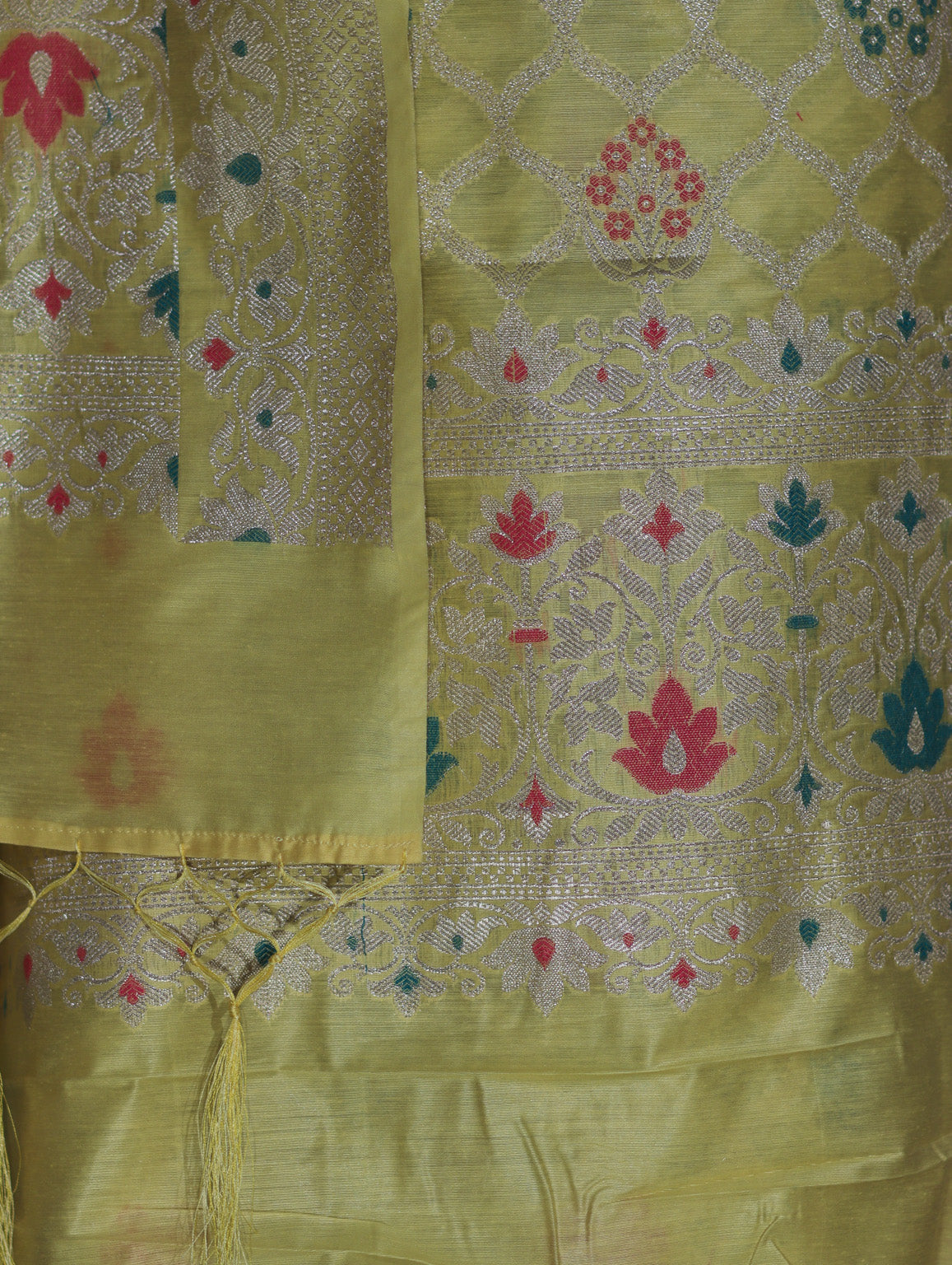 Banarasee Semi-Silk Silver Zari Work Salwar Kameez Fabric With Dupatta Set-Light Yellow