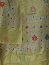 Banarasee Semi-Silk Silver Zari Work Salwar Kameez Fabric With Dupatta Set-Light Yellow