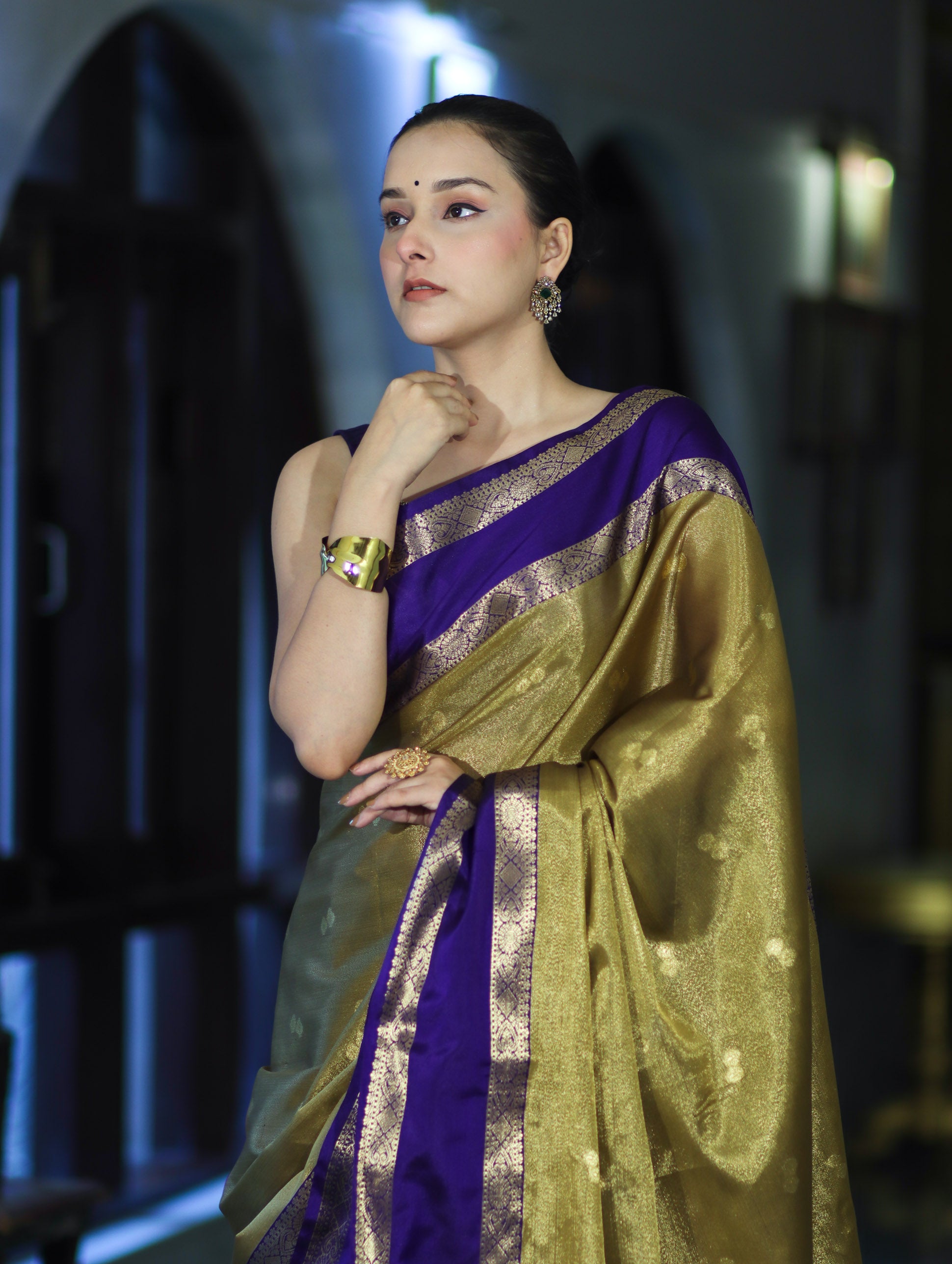 Banarasee Handloom Tissue Saree With Buti Design & Contrast Satin Border-Olive Green & Violet