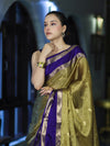 Banarasee Handloom Tissue Saree With Buti Design & Contrast Satin Border-Olive Green & Violet