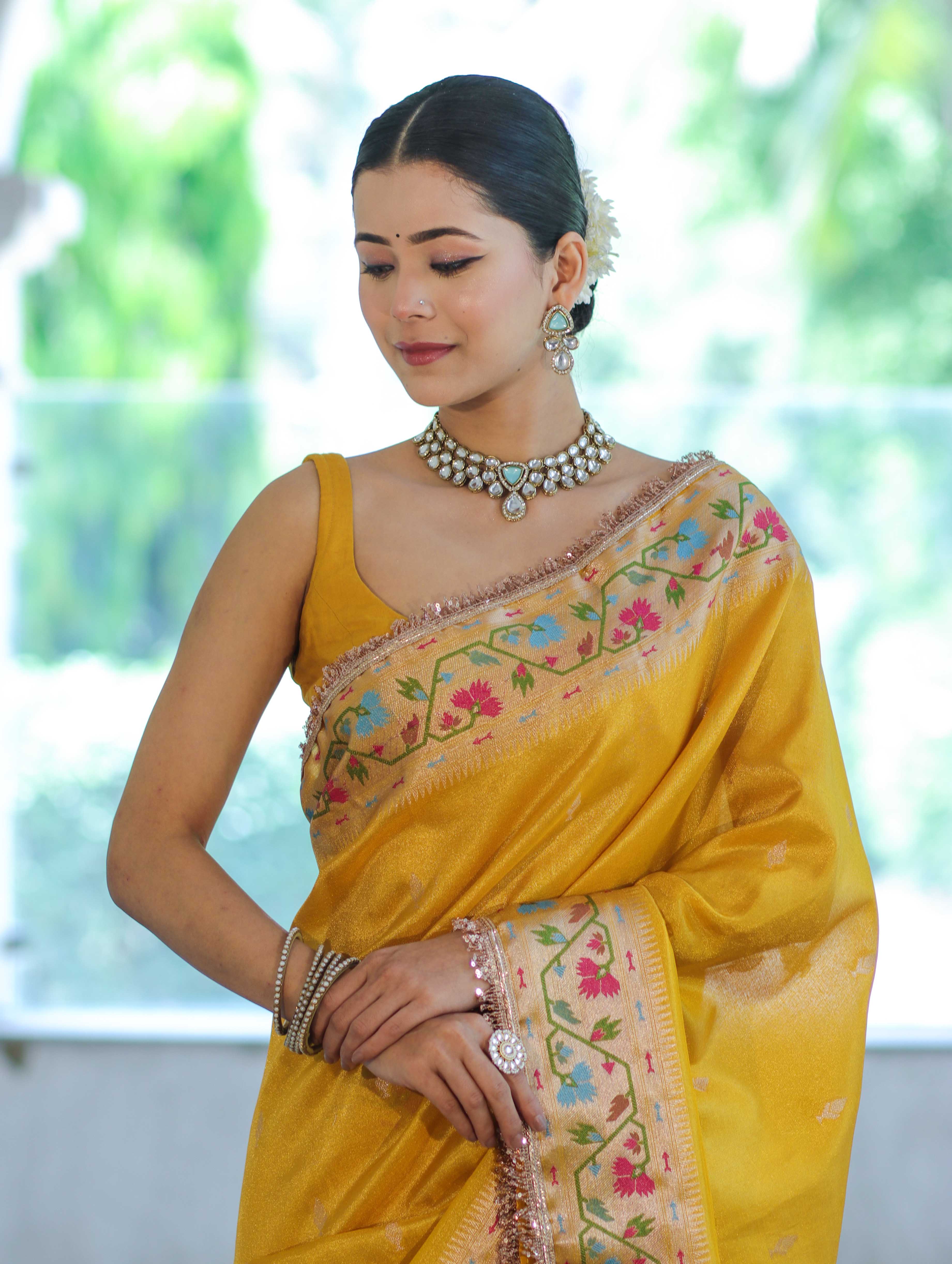 Banarasee Handloom Dual Tone Shimmer Silk Saree With Buti Design & Lace Border-Yellow