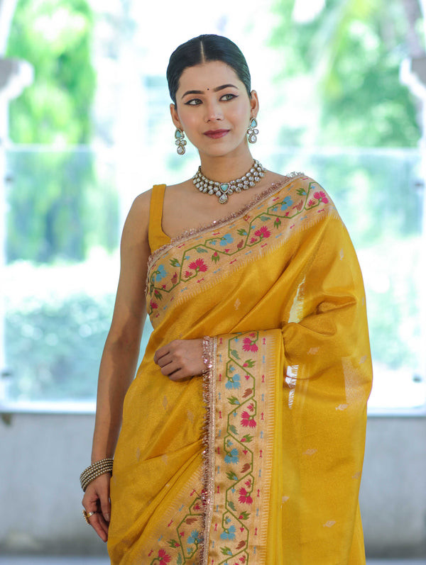 Banarasee Handloom Dual Tone Shimmer Silk Saree With Buti Design & Lace Border-Yellow