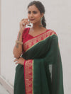 Banarasee Handwoven Semi Silk Plain Saree With Zari Border-Green & Pink