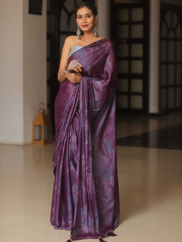 Banarasee Abstract Print Tissue Saree With Contrast Embroidered Blouse-Violet