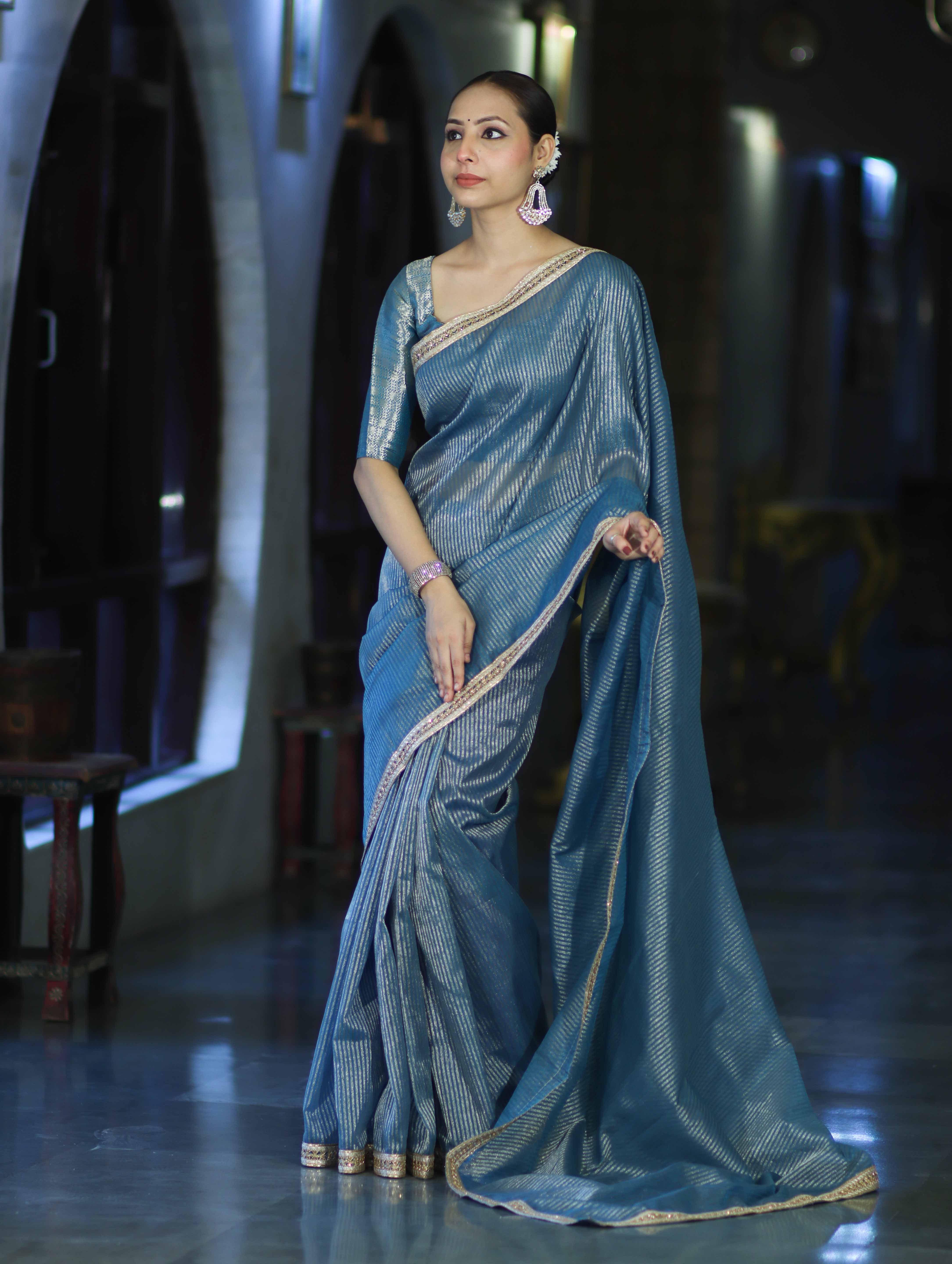 Banarasee Handloom Soft Tissue Saree With Stripe Pattern & Lace Border-Light Blue