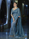 Banarasee Handloom Soft Tissue Saree With Stripe Pattern & Lace Border-Light Blue