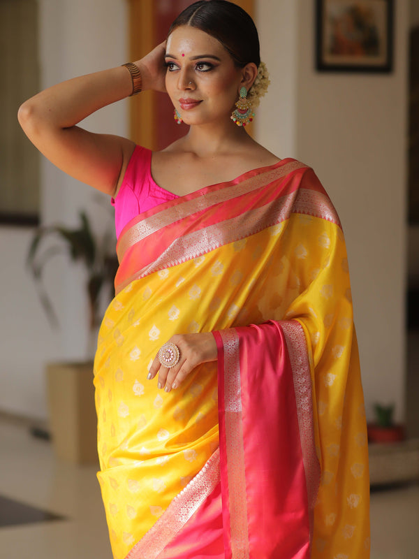 Banarasee Handwoven Semi Silk Saree With Buta Design & Contrast Border-Yellow & Pink