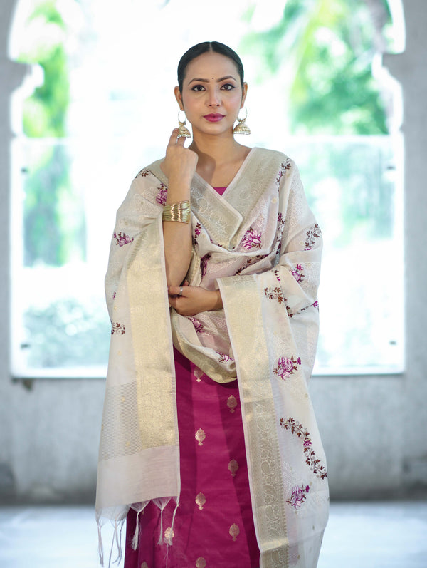 Banarasee Embroidered Cotton Salwar Kameez Fabric With Contrast Dupatta Set-Magenta & Off White