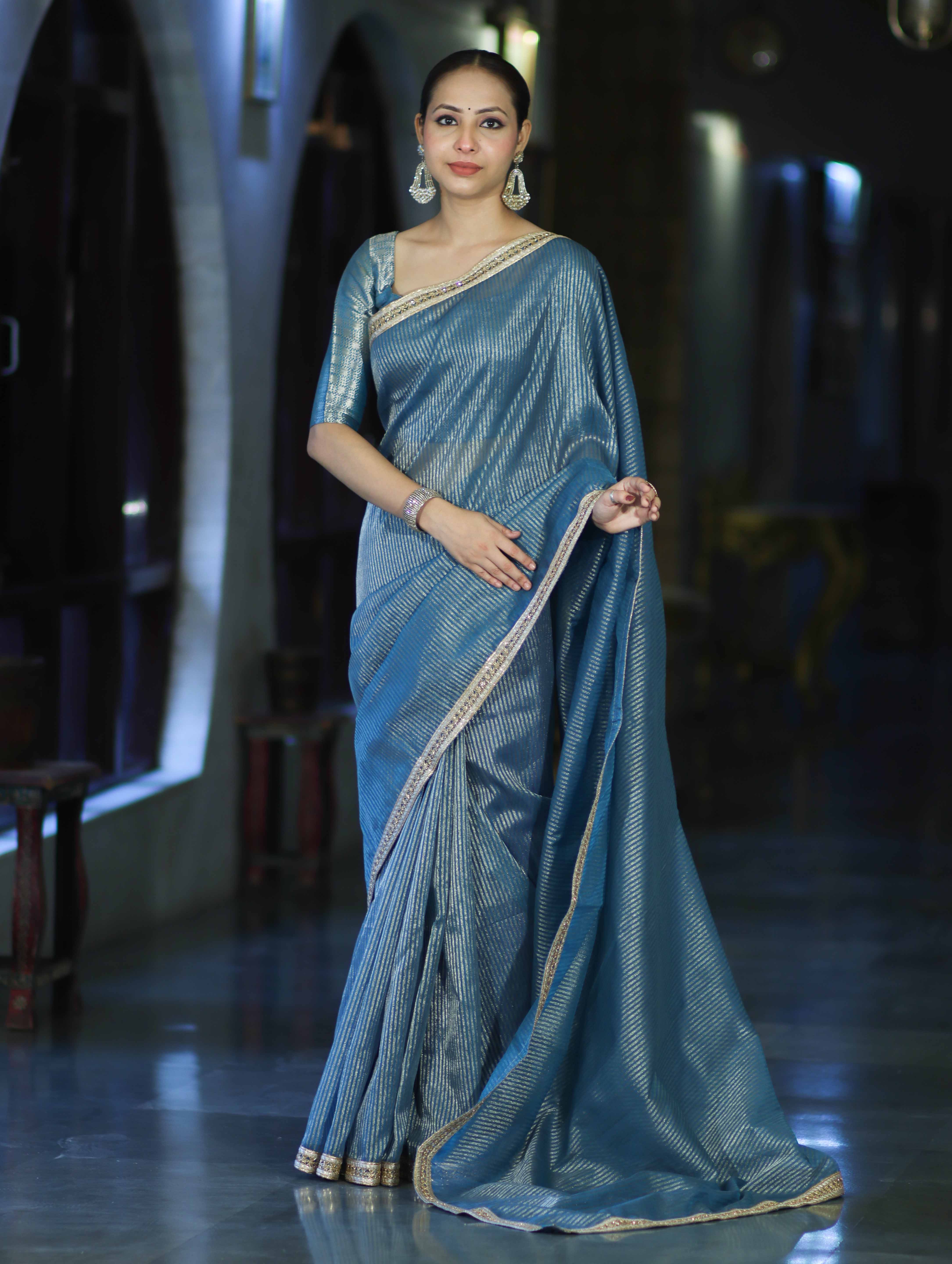 Banarasee Handloom Soft Tissue Saree With Stripe Pattern & Lace Border-Light Blue