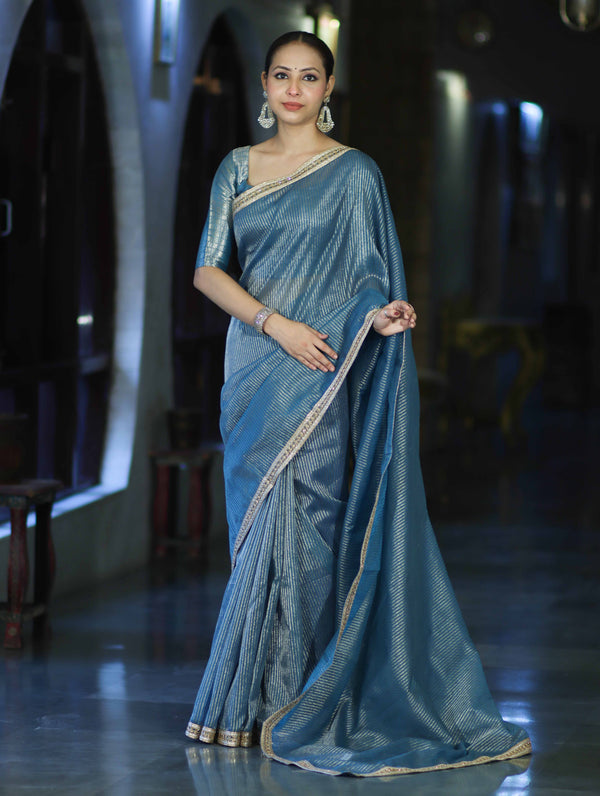 Banarasee Handloom Soft Tissue Saree With Stripe Pattern & Lace Border-Light Blue