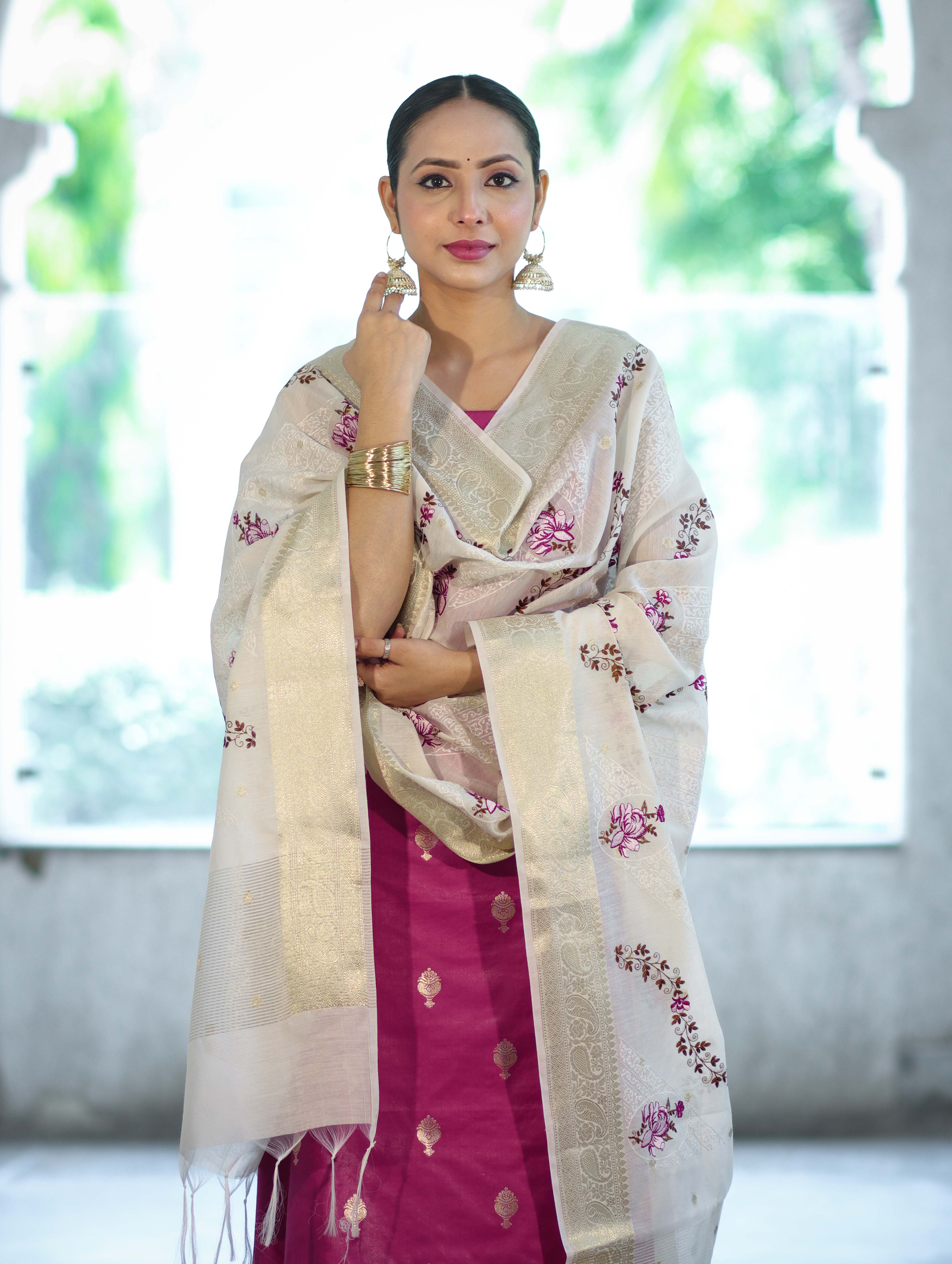 Banarasee Embroidered Cotton Salwar Kameez Fabric With Contrast Dupatta Set-Magenta & Off White