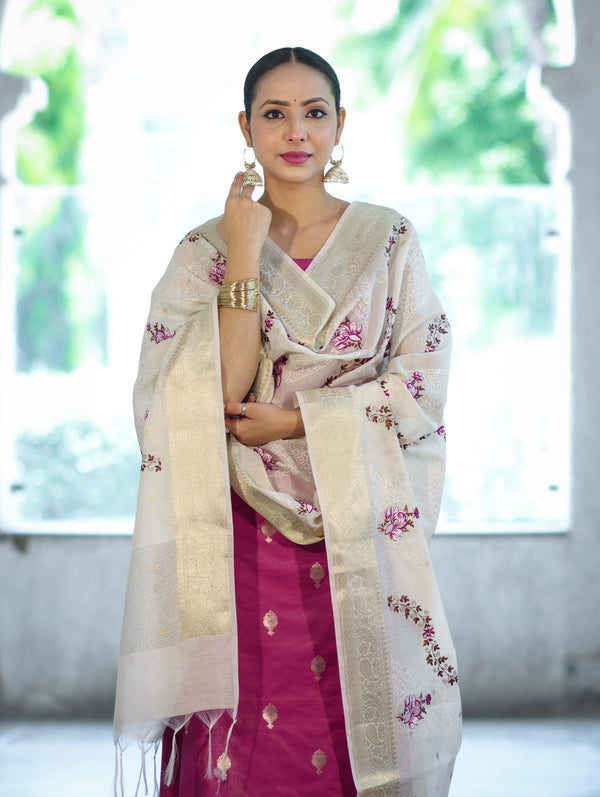 Banarasee Embroidered Cotton Salwar Kameez Fabric With Contrast Dupatta Set-Magenta & Off White