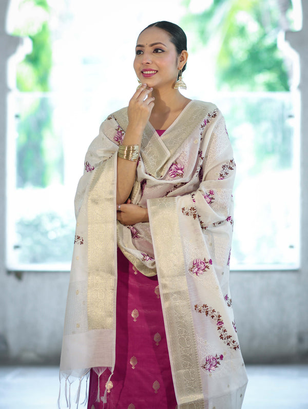 Banarasee Embroidered Cotton Salwar Kameez Fabric With Contrast Dupatta Set-Magenta & Off White