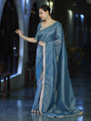 Banarasee Handloom Soft Tissue Saree With Stripe Pattern & Lace Border-Light Blue