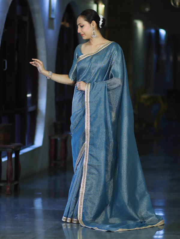 Banarasee Handloom Soft Tissue Saree With Stripe Pattern & Lace Border-Light Blue