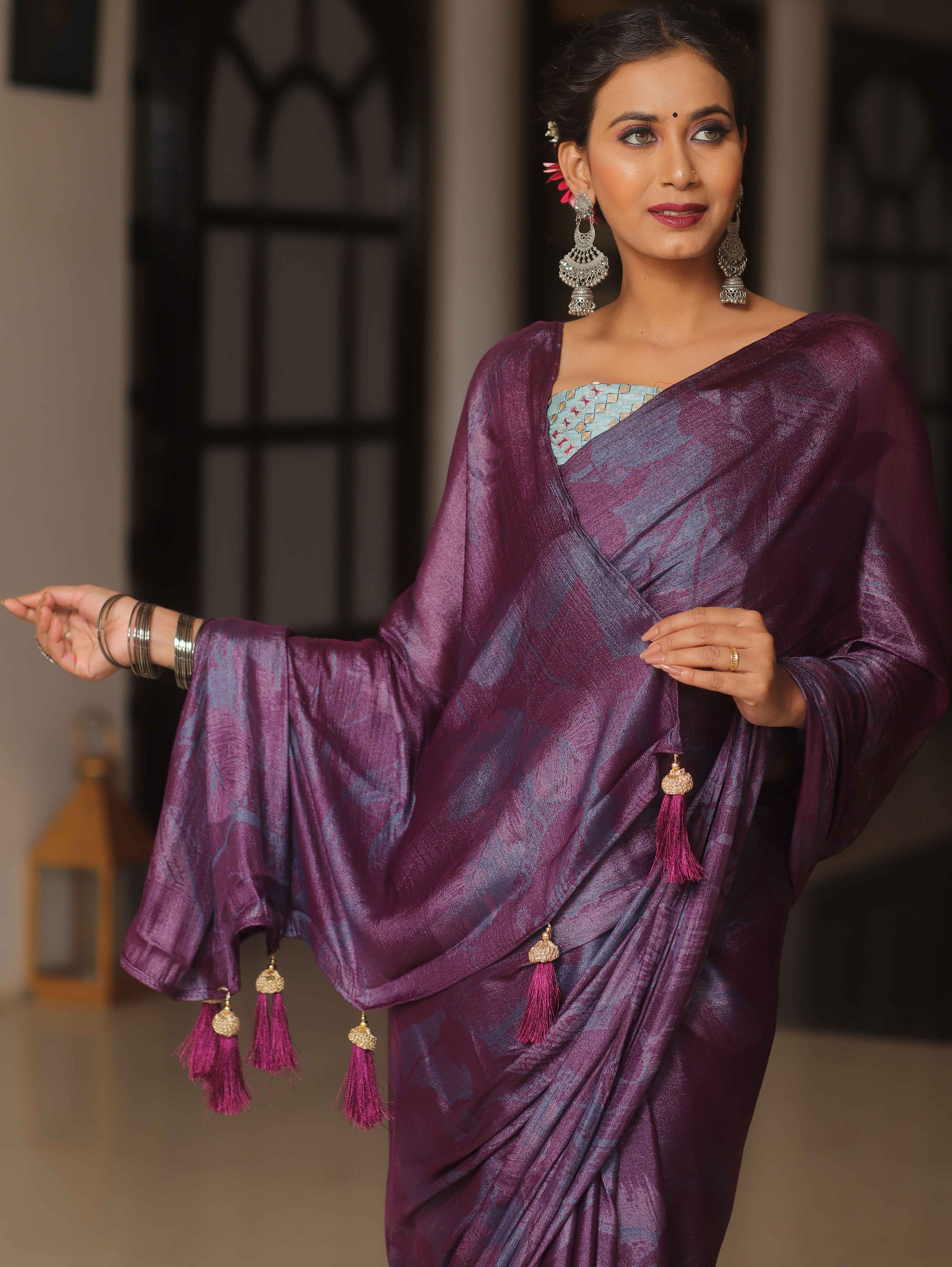 Banarasee Abstract Print Tissue Saree With Contrast Embroidered Blouse-Violet