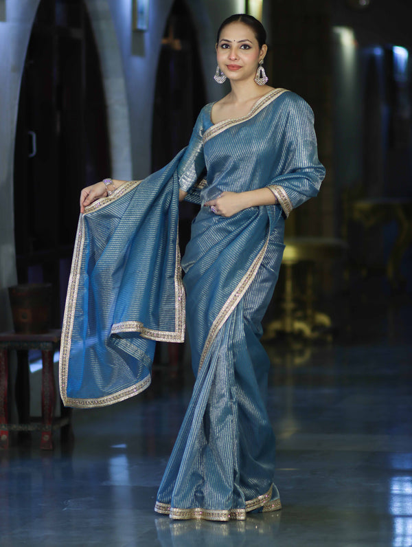 Banarasee Handloom Soft Tissue Saree With Stripe Pattern & Lace Border-Light Blue