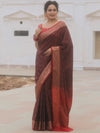 Banarasee Handwoven Semi-Katan Tanchoi Weaving Floral Border Saree-Brown & Red
