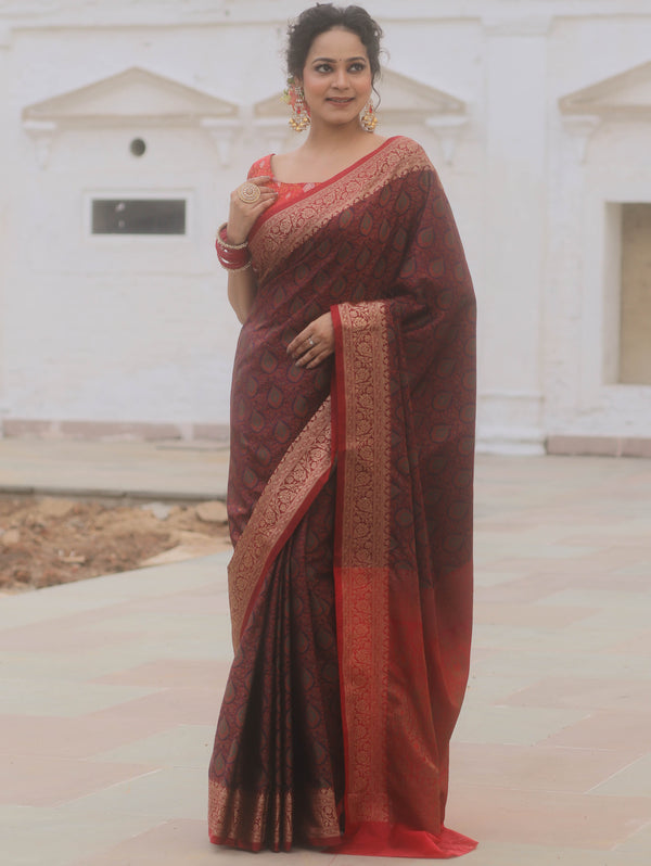 Banarasee Handwoven Semi-Katan Tanchoi Weaving Floral Border Saree-Brown & Red