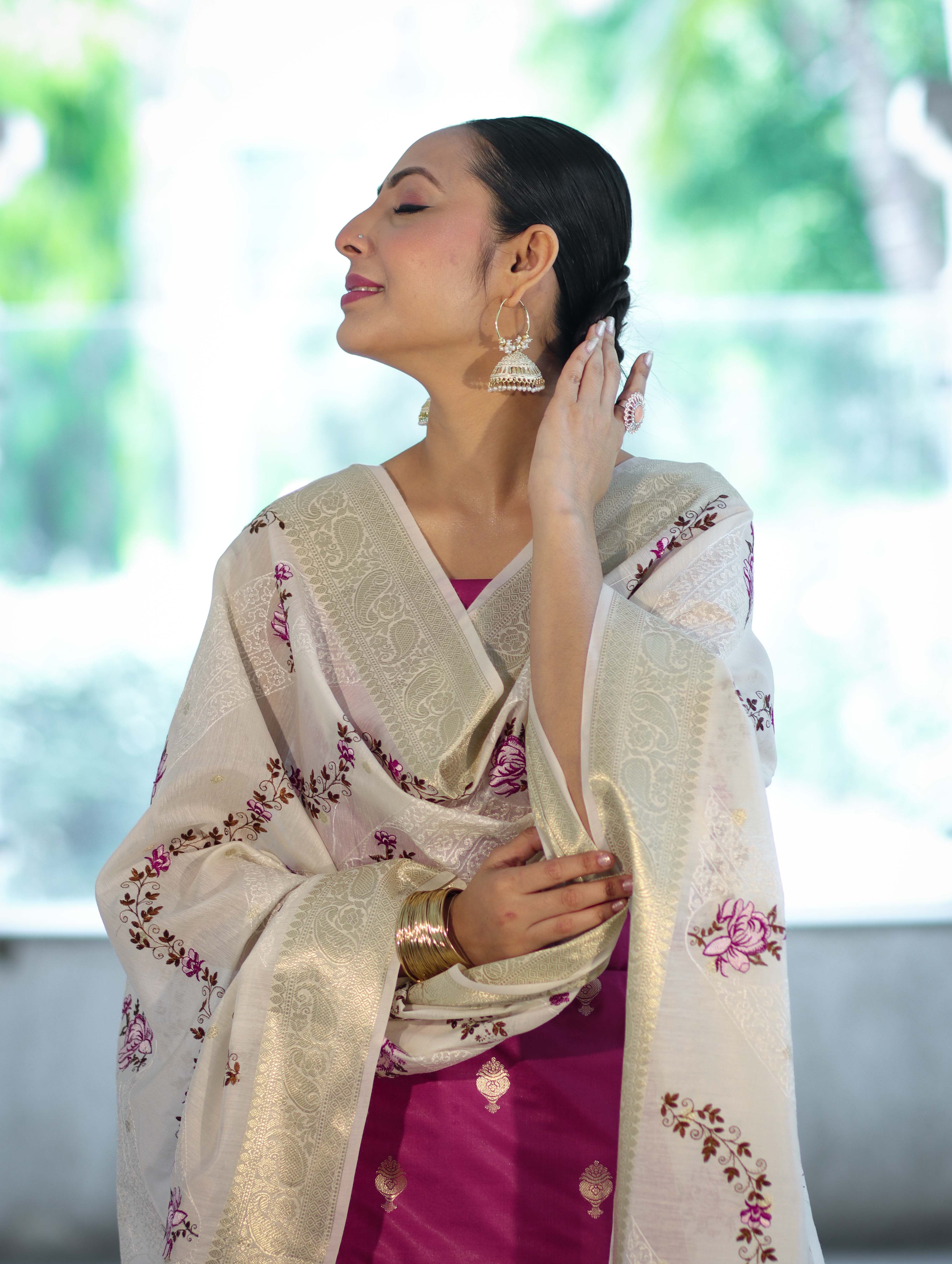 Banarasee Embroidered Cotton Salwar Kameez Fabric With Contrast Dupatta Set-Magenta & Off White