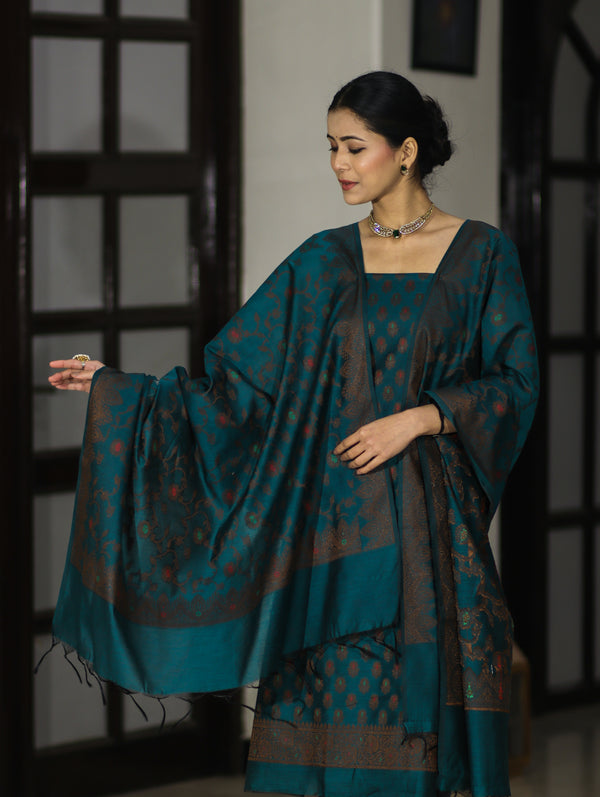 Banarasee Cotton Silk Resham Work Salwar Kameez Fabric With Dupatta Set-Teal Blue