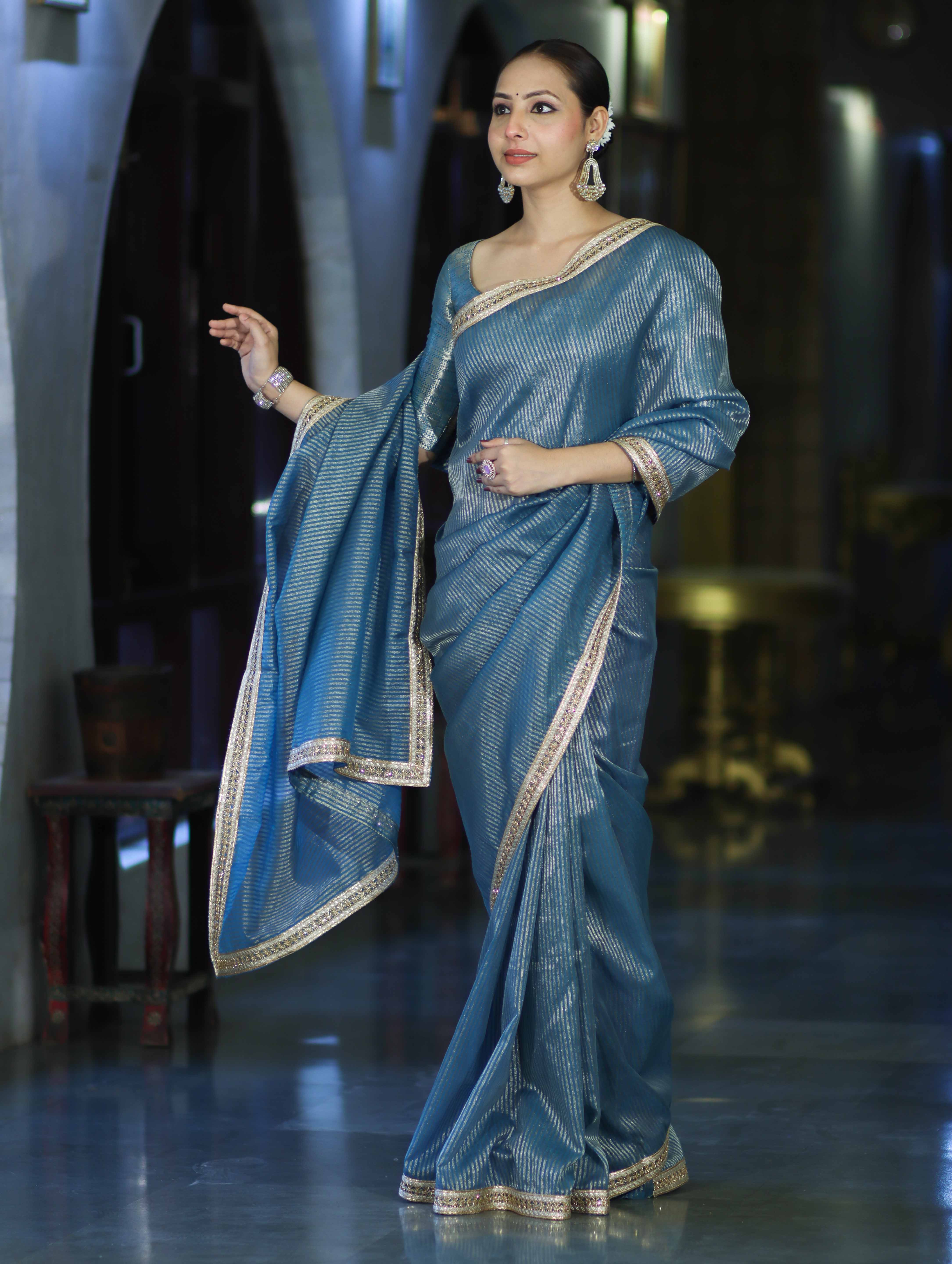 Banarasee Handloom Soft Tissue Saree With Stripe Pattern & Lace Border-Light Blue