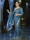 Banarasee Handloom Soft Tissue Saree With Stripe Pattern & Lace Border-Light Blue