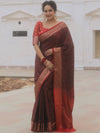 Banarasee Handwoven Semi-Katan Tanchoi Weaving Floral Border Saree-Brown & Red