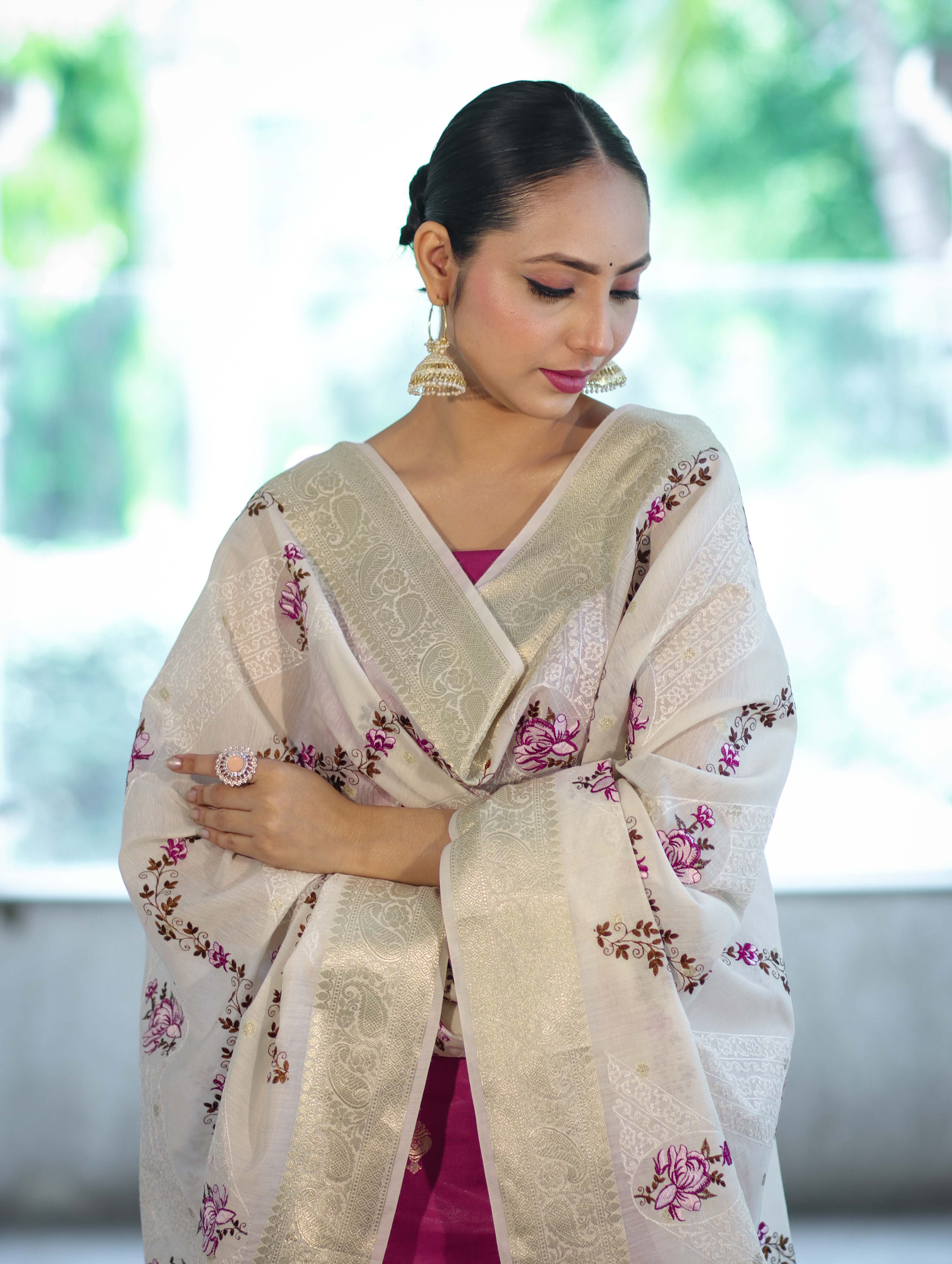Banarasee Embroidered Cotton Salwar Kameez Fabric With Contrast Dupatta Set-Magenta & Off White