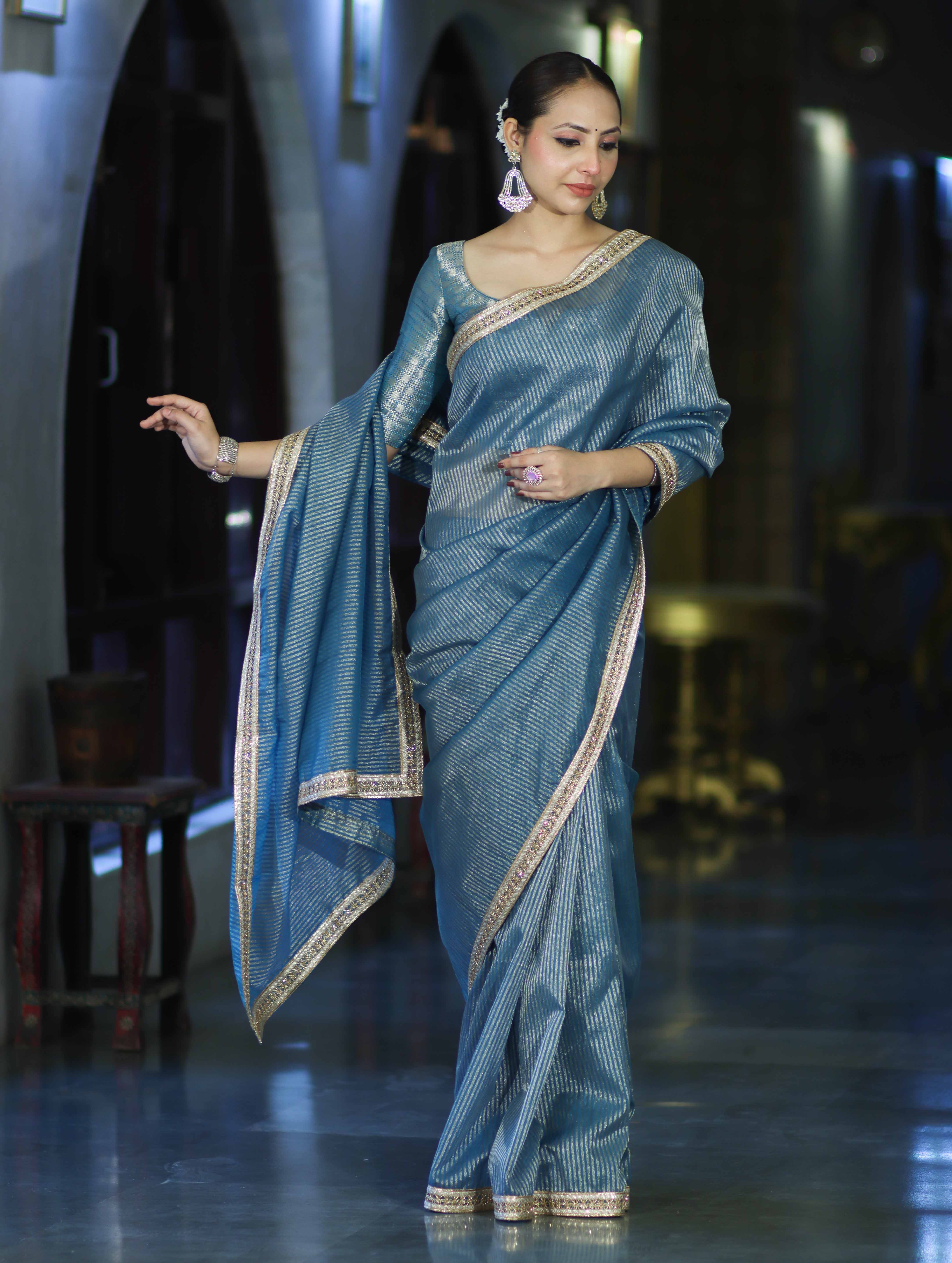 Banarasee Handloom Soft Tissue Saree With Stripe Pattern & Lace Border-Light Blue