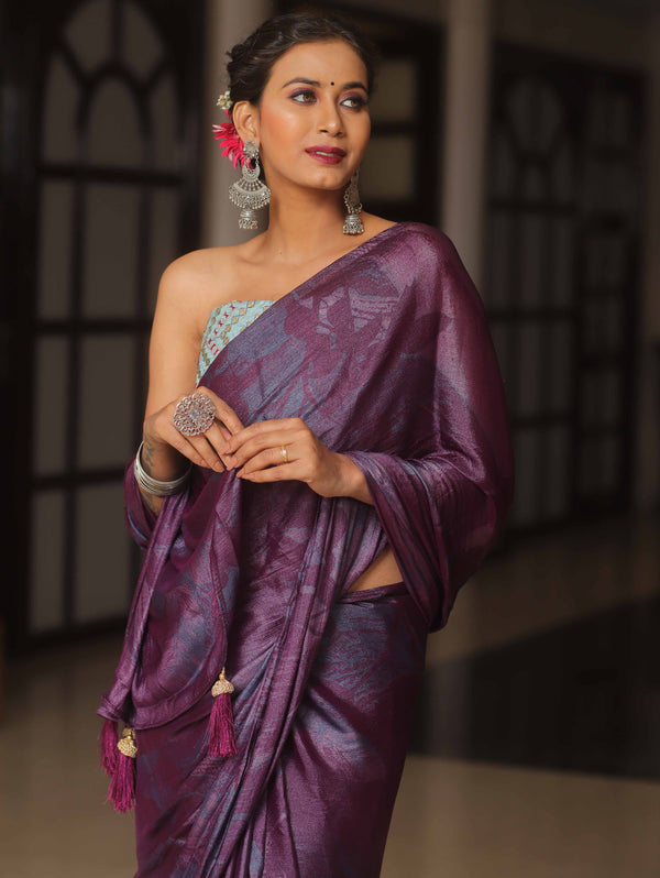 Banarasee Abstract Print Tissue Saree With Contrast Embroidered Blouse-Violet